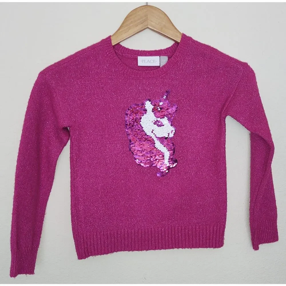 The Children's Place - Girls Flip Sequin Unicorn Sweater - shimmery pink sz 5-6